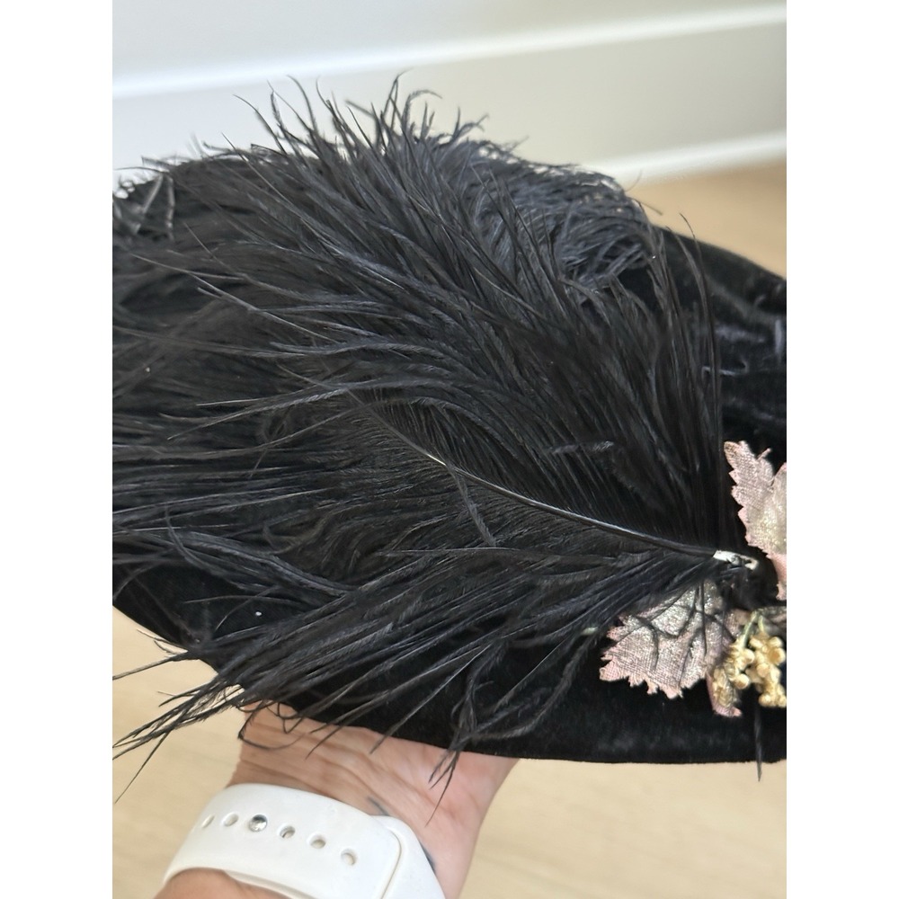 Antique Edwardian Black Velvet Ostrich Feather Ladies Hat 1900s Floral Accents - Picture 6 of 9
